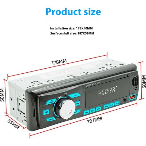 Autoradio avec Bluetooth, format 1 DIN, lecteur MP3, commande par application, AM/FM, entrée AUX et 2 ports USB. (1/4)