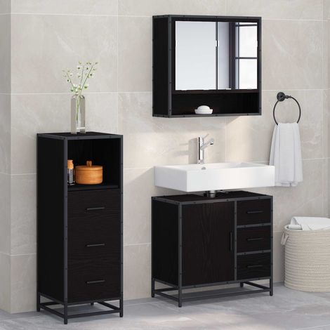 Badezimmermöbel-Set 3 pcs Schwarz Eichen-Optik Holzwerkstoff