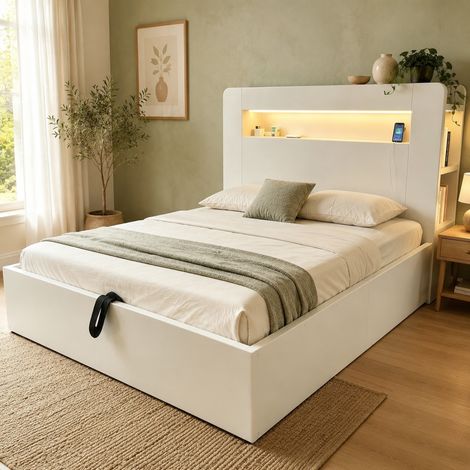 Cama canapé moderna de madera blanca 140x200 cm con cabecero con estantes, LED y enchufes integrados (1/5)
