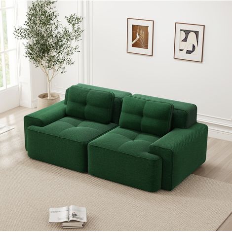 Sofá modular sin brazos de pana verde, 2 plazas, diseño bajo y profundo, sin montaje, OKWISH (1/5)