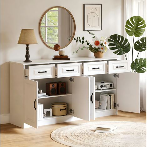 Sideboard aus MDF Weiß 160 x 35 x 80 cm mit 4 Schubladen, 4 Türen und 2 verstellbaren Einlegeböden (1/5)
