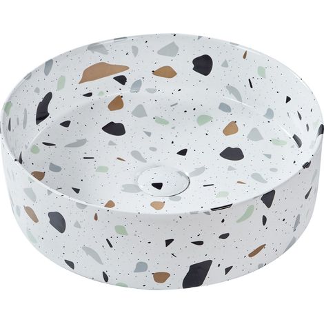 Lavabo Rond en Céramique 40 cm Salle de Bain Effet Terrazzo Blanc Nules