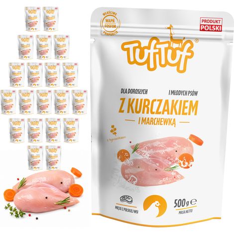 Comida húmeda para perros TufTuf sabor pollo y zanahoria, sobres de 20 x 500 g, carne en conserva. (1/3)