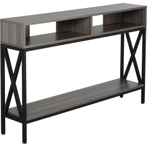 Table Console Table d'Entrée Industriel Multi-rangements 120 x 23,5 x 75 cm Bois Gris (1/4)