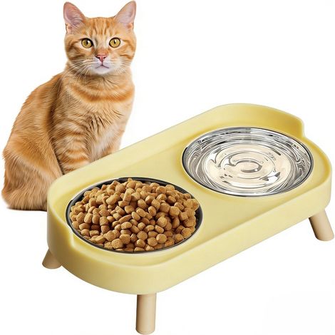 Bol Alimentaire Élevé Pour Chien Et Chat - Double Bol En Acier Inoxydable - Base En Bois Antidérapante - 400 Ml Par Bol - Hauteur 14,5 Cm (1/5)