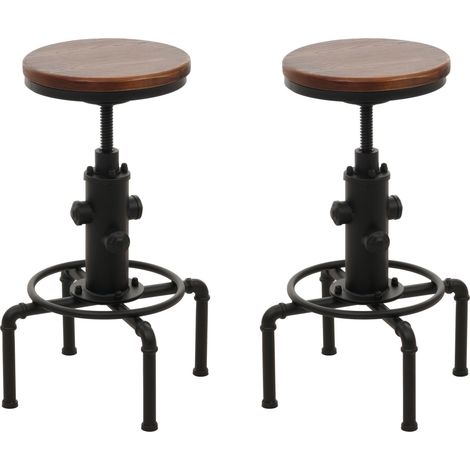 Juego de 2 taburetes de bar HHG-970, taburete de bar altura regulable reposapiés giratorio hierro industrial madera maciza, marrón
