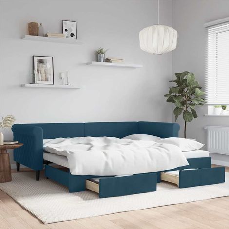 Tagesbett Ausziehbar mit Schubladen Blau 90x200 cm Samt (1/5)
