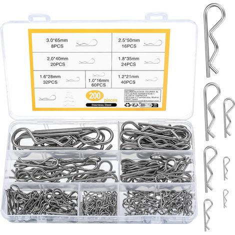 200 Pièces Goupilles de Retenue, R Clips Goupilles Fendue, Assortiment de Goupilles à Ressort de Fixation, Cotter Pins pour Remorque Voiture (1/5)