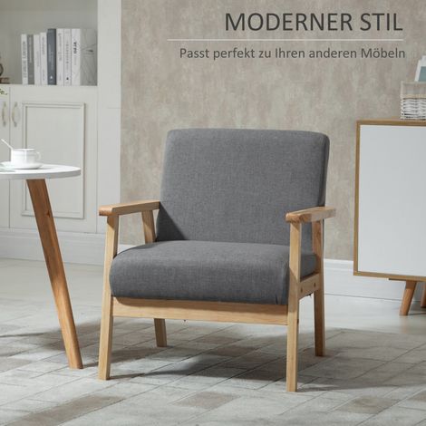 MODFU – Poltrona scandinava in lino e legno con braccioli, seduta ampia, 2 cuscini 12 cm e portata 120 kg – Grigio (1/5)