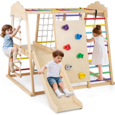 COSTWAY 8 in 1 Set da Arrampicata per Bambini, Palestra in Legno da Interno con Sbarre Scivolo Altalena Scala in Corda e Roccia/Rete da Arrampicata, per Bambini 3 Anni+ (Colorato) (1/5)