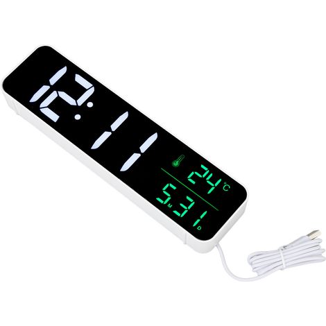 Réveil musical LED, luminosité réglable (5 niveaux), grand écran 12/24 h, affichage de la température et de la date, horloge numérique, utilisation sur secteur, blanc. (1/5)