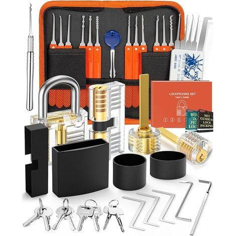 Kit de Crochetage Serrure 30+4 Pièces, 30 Pièces Lock Picking Kit, Outils de D’entraînement avec 4 Serrure Transparente Cadenas, pour Serruriers Débutant et Pro (1/5)