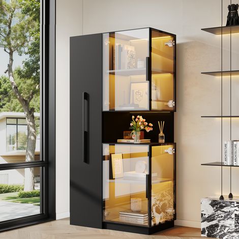 Vitrine 70x38x160 cm avec étagère coulissante, double vitrine LED, rangement haut multifonction pour salon et cuisine, coloris noir (1/5)