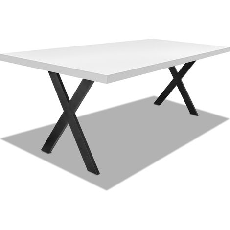 Tavolo da pranzo160x90cm in legno e metallo con piedi ad "X" e ripiano in colore legno bianco