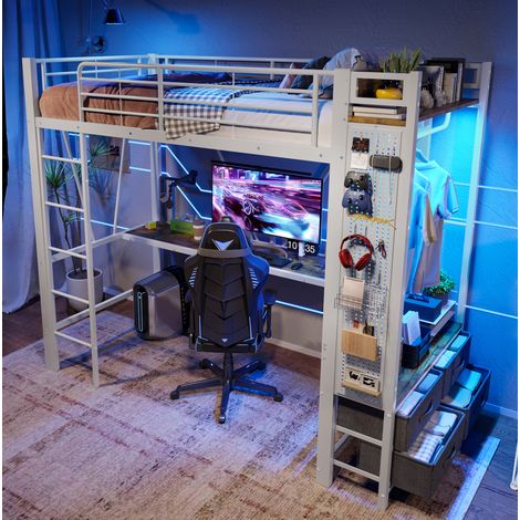 Hochbett 90x200 cm modern aus Metall in Weiß mit Schreibtisch, 4 Schubladen, Regalen, USB Type-C und LED (1/5)