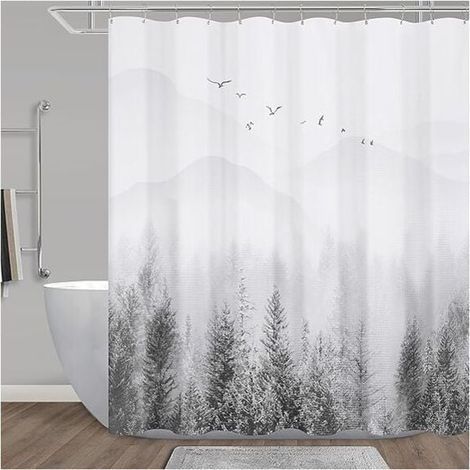 Cortina de ducha verde montaña con diseño de árbol natural, tejido de poliéster repelente al agua, dimensiones 72 x 72 pulgadas, 12 ojales metálicos inoxidables. (1/5)
