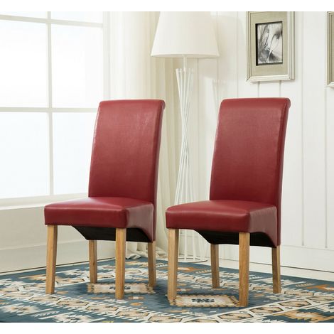 Set of 2 Faux Leather Dining Chairs Roll Top Scroll High Back home restaurants RED
