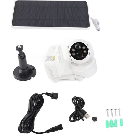 Ortviai Caméra de sécurité solaire 2 MP avec rotation à 360°, éclairage double LED et détection de mouvement PIR pour extérieur