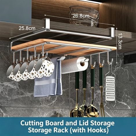 (Silvery) Étagère de rangement suspendue pour cuisine avec crochets, à placer sous un placard : porte-essuie-tout, porte-chiffons, porte-planche à découper, porte-couvercles, étagère de rangement (1/5)