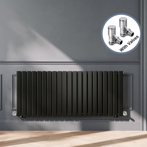 ELEGANT Designer Black Horizontal Radiator 600 x 1428mm Single Panel Flat Panel Rads with Chrome Angled Radiator Valves (1/5)