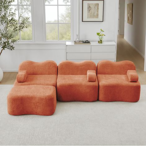 Sofá modular angular en L de 3 plazas con ottomana en terciopelo naranja 32D (1/5)