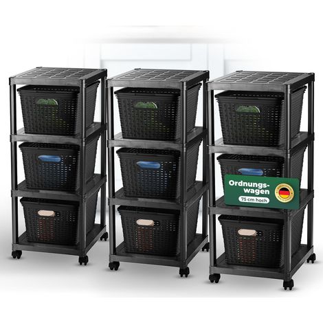 Novaliv lot de 3 chariots à roulettes 4 niveaux avec panier en rotin noir, étagère de salle de bain étagère de salle de bain chariot de rangement de