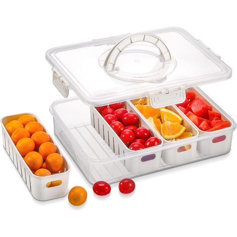 Snack Box avec Couvercle, Boite Compartiment Alimentaire avec Poignées, Drainable Plateau de Service Divisé avec 4 Colanders Amovibles, Meal Prep Containers pour Snacks, Salades, Légumes (1/4)