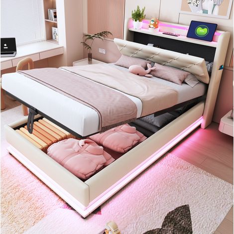 Cama tapizada 90x200 cm beige, tejido de lino con arcón hidráulico y LED (1/5)