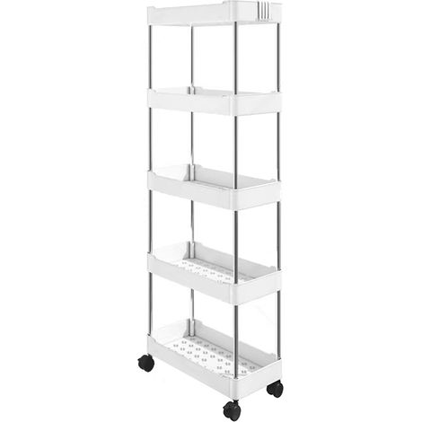 Chariot de rangement fin organisateur de salle de bain unité mobile roulante utilitaire avec roues de cuisine buanderie endroits étroits 5 couches 40x22x113cm blanc (1/5)