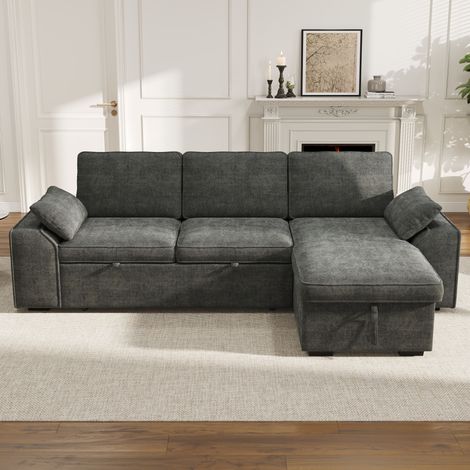 Canapé 3 places avec rangement, canapé-lit escamotable avec porte-gobelets et port USB, dossiers réglables, charge maximale 120 kg, canapé de salon gris foncé 237x141x86 cm, gris (1/5)