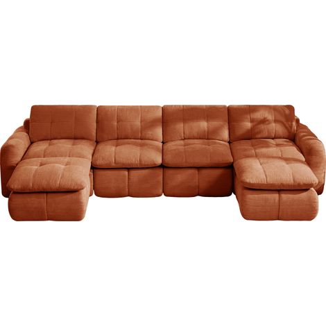 Divano modulare a U 4 posti in ciniglia arancione, senza montaggio, con 2 pouf (1/5)