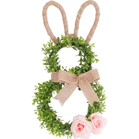 Guirlande De Pâques - Lapin En Bois De Buis Artificiel - 50 Cm - Avec Nœud Et Roses - Pour Porte D'Entrée Mur Ou Porche - 1 Pièce (1/5)