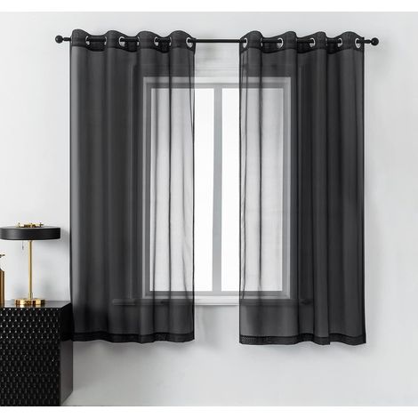 Cortina de tul translúcido con ojales, 2 paneles (134 cm x 160 cm, negro)Alta calidad, la opción ideal para familias. (1/5)