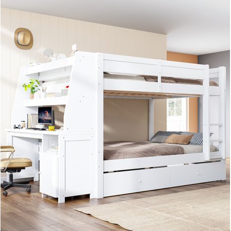Letto a castello 140 x 200 cm con scrivania e contenitori, bianco DESVIAE (1/5)