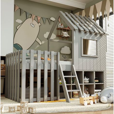 Kinderbett Hausbett 90x200 mit Stauraum aus Massivholz Grau OKMYHOME (1/5)