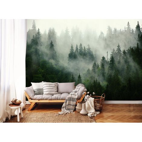 Vlies Fototapete Wald Nebel Landschaft 250x175 cm, Tapeten, für Wohn und Schlafzimmer, Vliestapete Wandtapete Tapete 3D Effekt- inkl. Kleister - Berge Gebirge, WallArena (1/4)