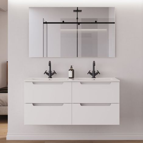 Meuble de salle de bain 140cm double vasque - 4 tiroirs - blanc mat - SONRIZA (1/5)
