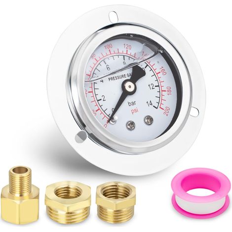 1 pièce 60mm bride panneau monté manomètre BSP 1/4 "0-14 Bar 0200 PSI avec 2 pièces douille et 1 pièce réducteur de joint hexagonal", axial (1/5)