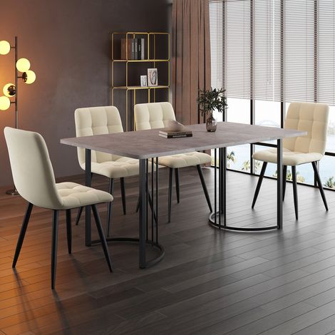 Ensemble repas 140x80cm avec 4 chaises en velours beige, plateau mdf gris et pieds métal noirs (1/5)