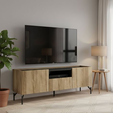 Dmora - Mobile porta TV Duchi, Credenza da soggiorno, Armadio basso per TV, Base parete attrezzata, 147x41 h54 cm, Quercia e Nero (1/5)