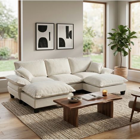 Canapé d'angle modulaire en chenille beige, forme U avec 2 ottomanes amovibles et 2 coussins, design inspiré d'un voilier (1/5)