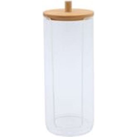 Cleafe - Dispenser Porta Dischetti Struccanti Trasparente Con Coperchio In Legno 7.5x18.6cm 10824 - (1/5)