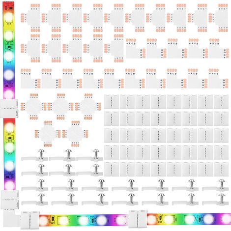 95-teiliges Set mit 4-poligen LED-Streifenverbindern, Schraubbefestigungsclips, 4-poligen LED-Verbindern und zuschneidbarer Leiterplatte in T-, L- und X-Form für lötfreie 5050 RGB SMD LED-Streifen