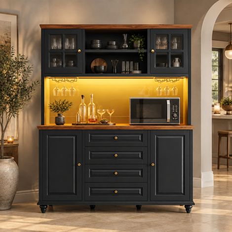 Schwarzes MDF-Küchen-Highboard mit RGB-LED, verstellbaren Böden und Gläserhalter (1/5)