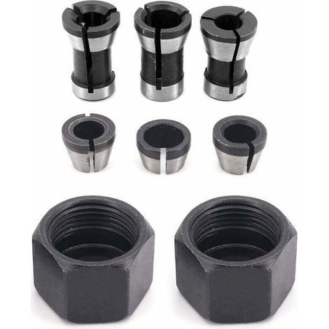 Set di 6 teste mandrino HSS, adattatore da 6 mm, 6,35 mm, 8 mm per trapani, macchine per incisione, rifilatrici, portapinze per fresatrici elettriche per legno + 2 dadi (1/4)