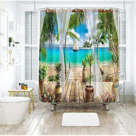 3D-Duschvorhang mit Garten- und Strandmotiv, aus wasserdichtem und schimmelresistentem Polyester, maschinenwaschbar – 180 x 180 cm (1/5)