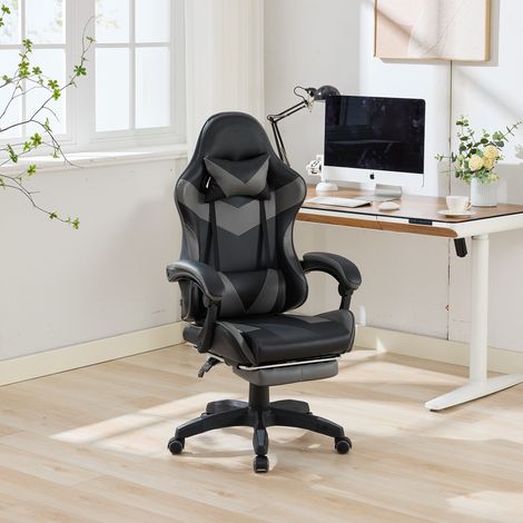 Fauteuil bureau racing cuir noir gris pivotant 360° avec repose-pieds, appui-tête et coussin lombaire réglables (1/5)