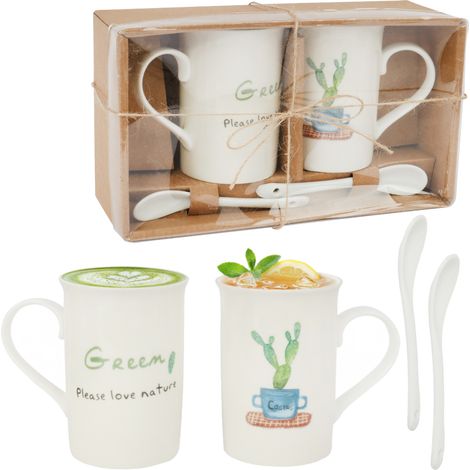 Coffret cadeau « Amour de la nature » : 2 tasses en céramique avec cuillères, motif cactus (1/5)