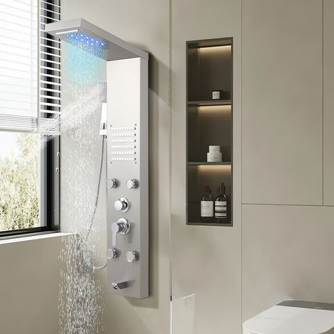 Swanew – Colonne de douche hydromassante 5-en-1 – Acier inoxydable 304 – Douche pluie, cascade, massage – Affichage LED – Installation facile G1/2 (1/5)