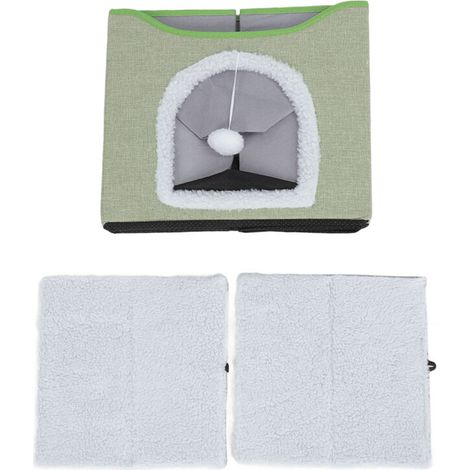 Casa plegable de 2 niveles para gatos: cama multifuncional con escondite y rascador suave en el interior. Verde claro. (1/5)